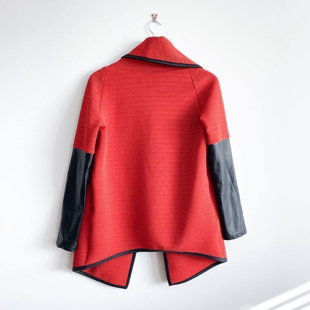 Joseph Ribkoff Women's Leather Sleeve Shawl Collar Open Front Ribbed Jacket Sz 6 - Picture 2 of 7